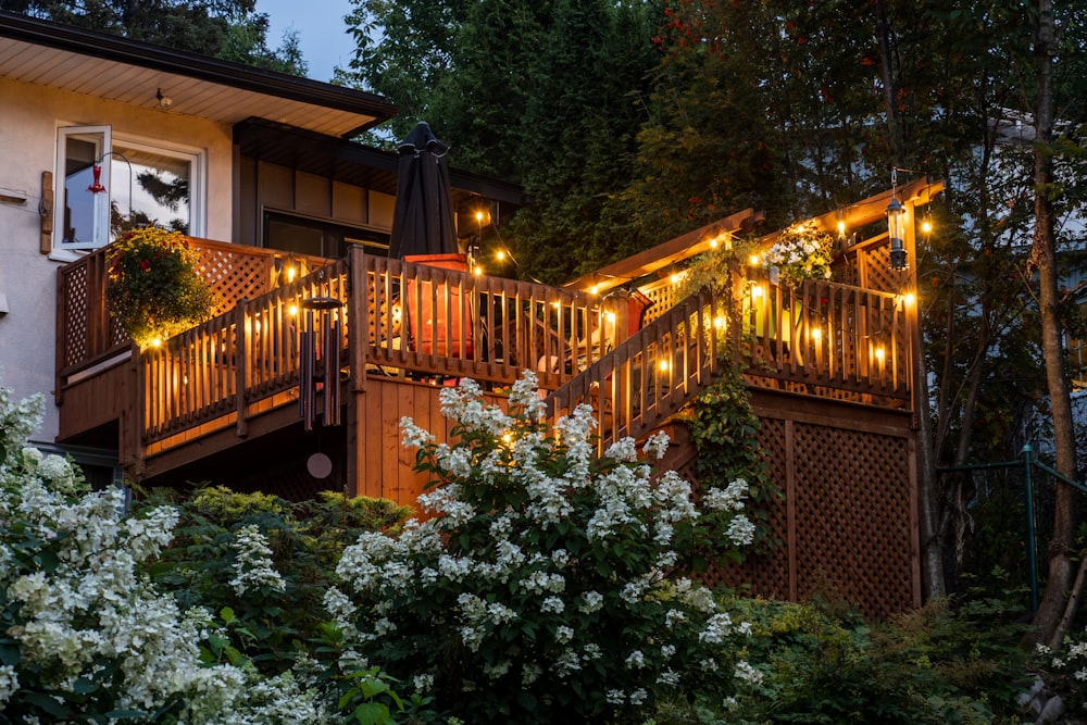 brown wooden bridge surrounded by green trees during night time