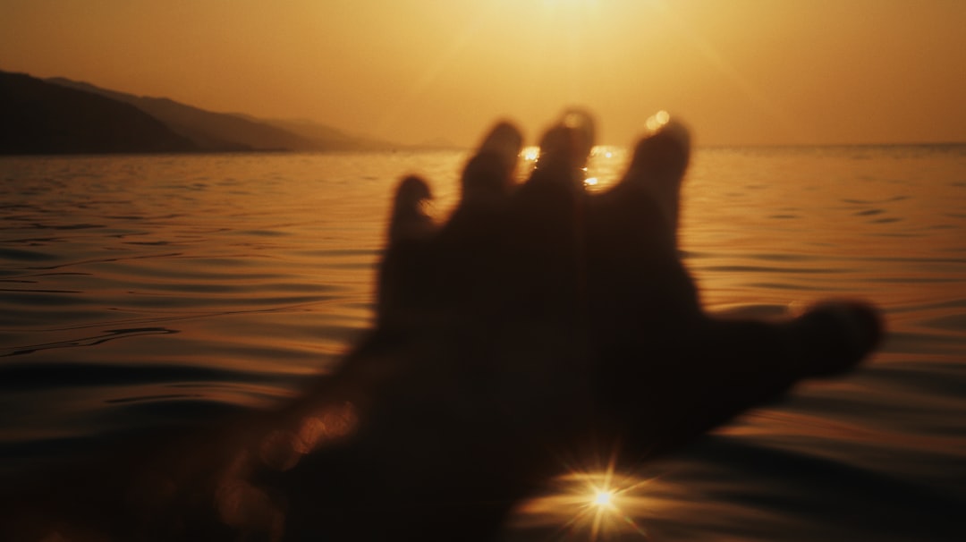 silhouette of persons hand on body of water during sunset