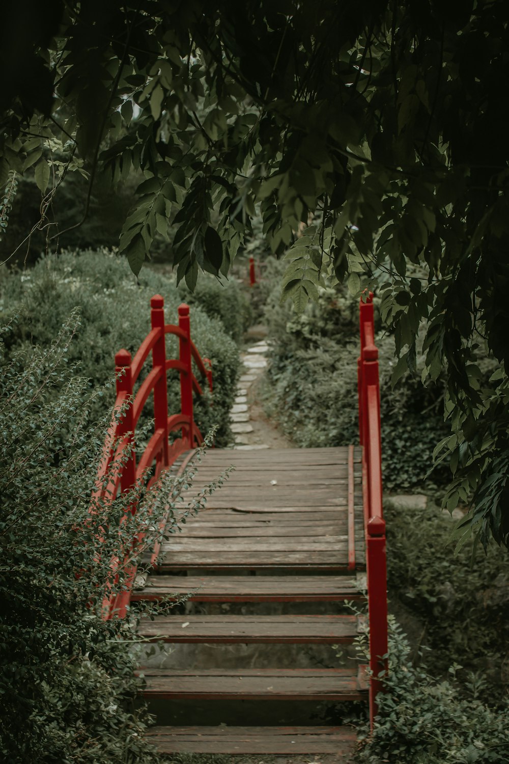 a red wooden bridge over a lush green forest