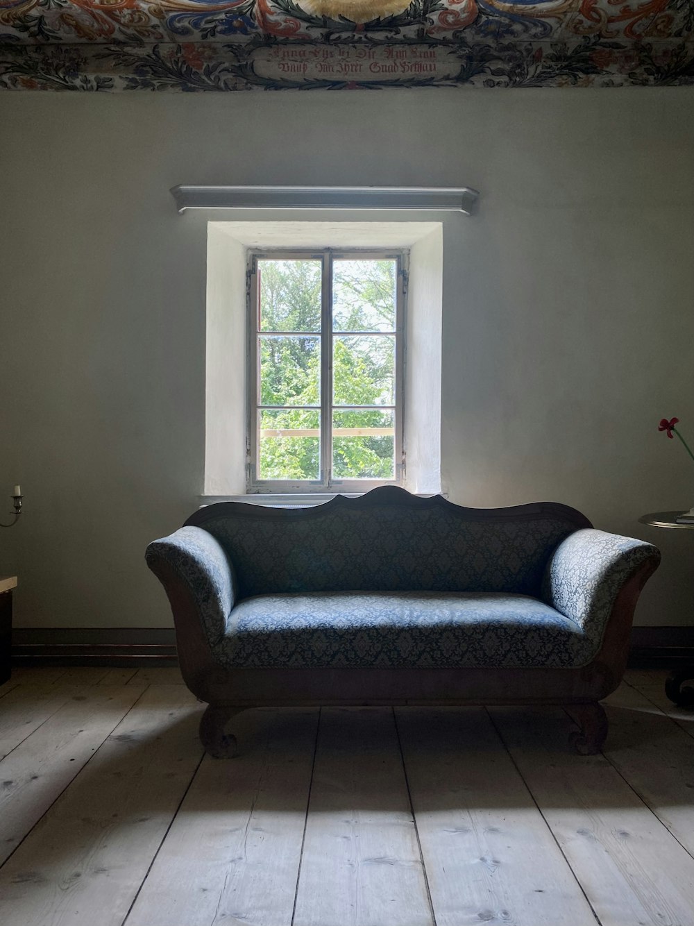 blue and white floral sofa