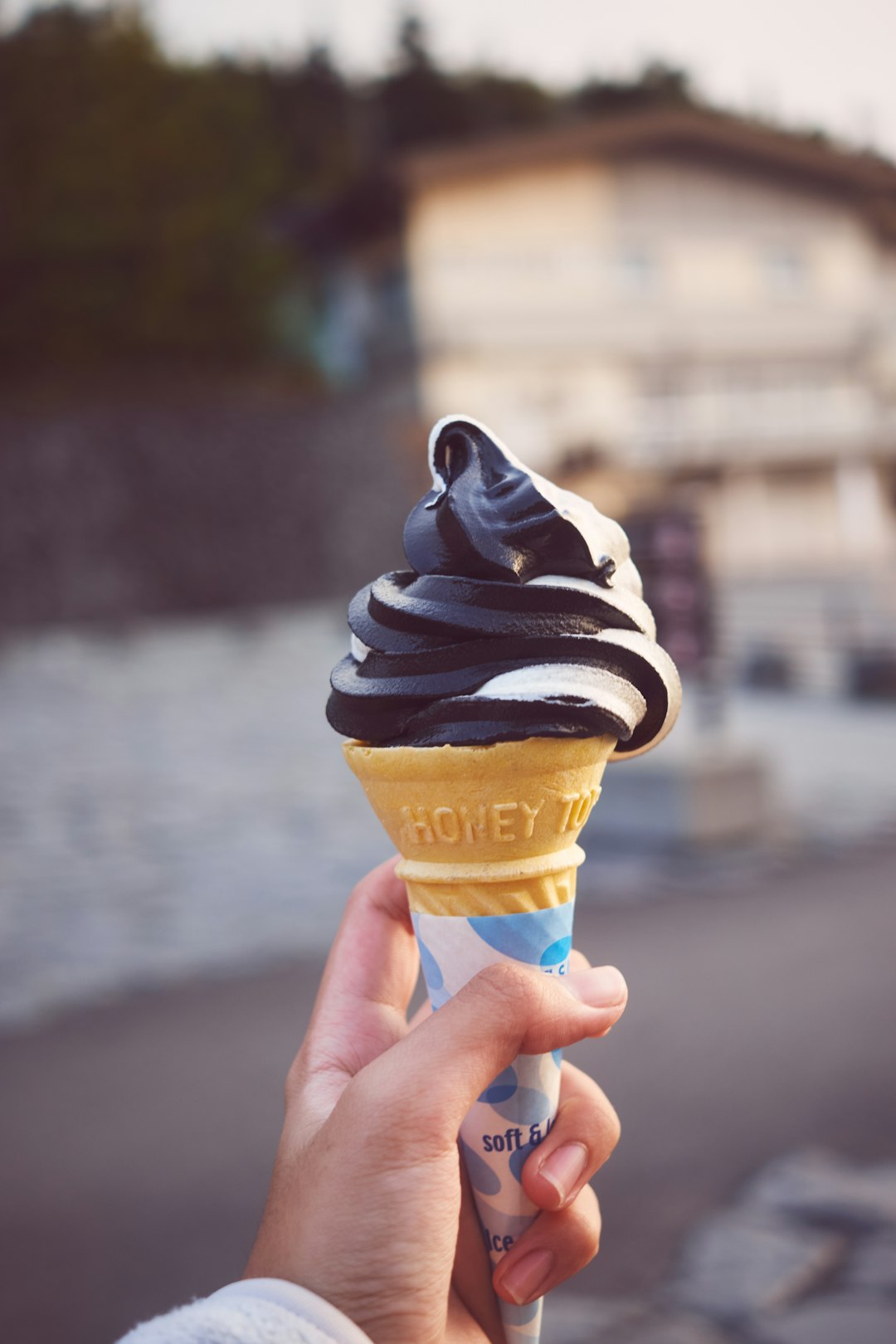 person holding ice cream cone with chocolate and vanilla ice cream