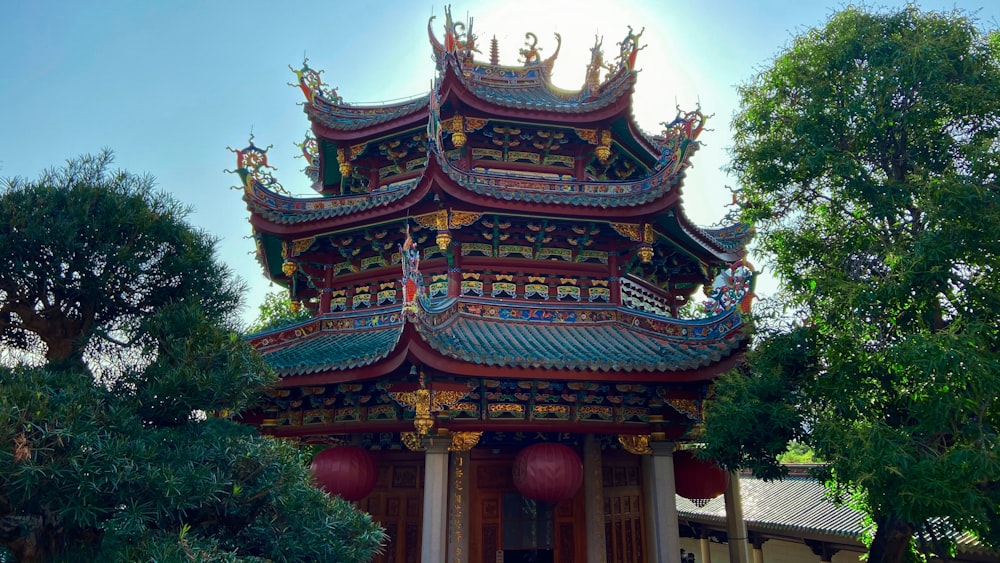 brown and red temple surrounded by green trees during daytime