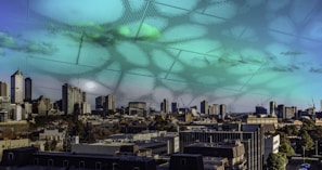A futuristic city skyline with digital overlays representing technology.