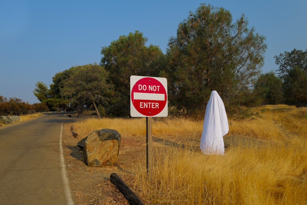 white and red road sign