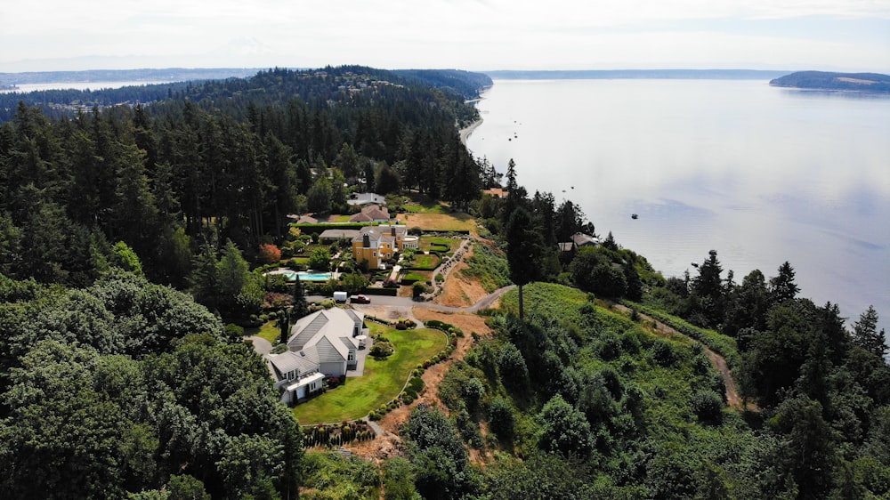 white and black house near green trees and body of water during daytime