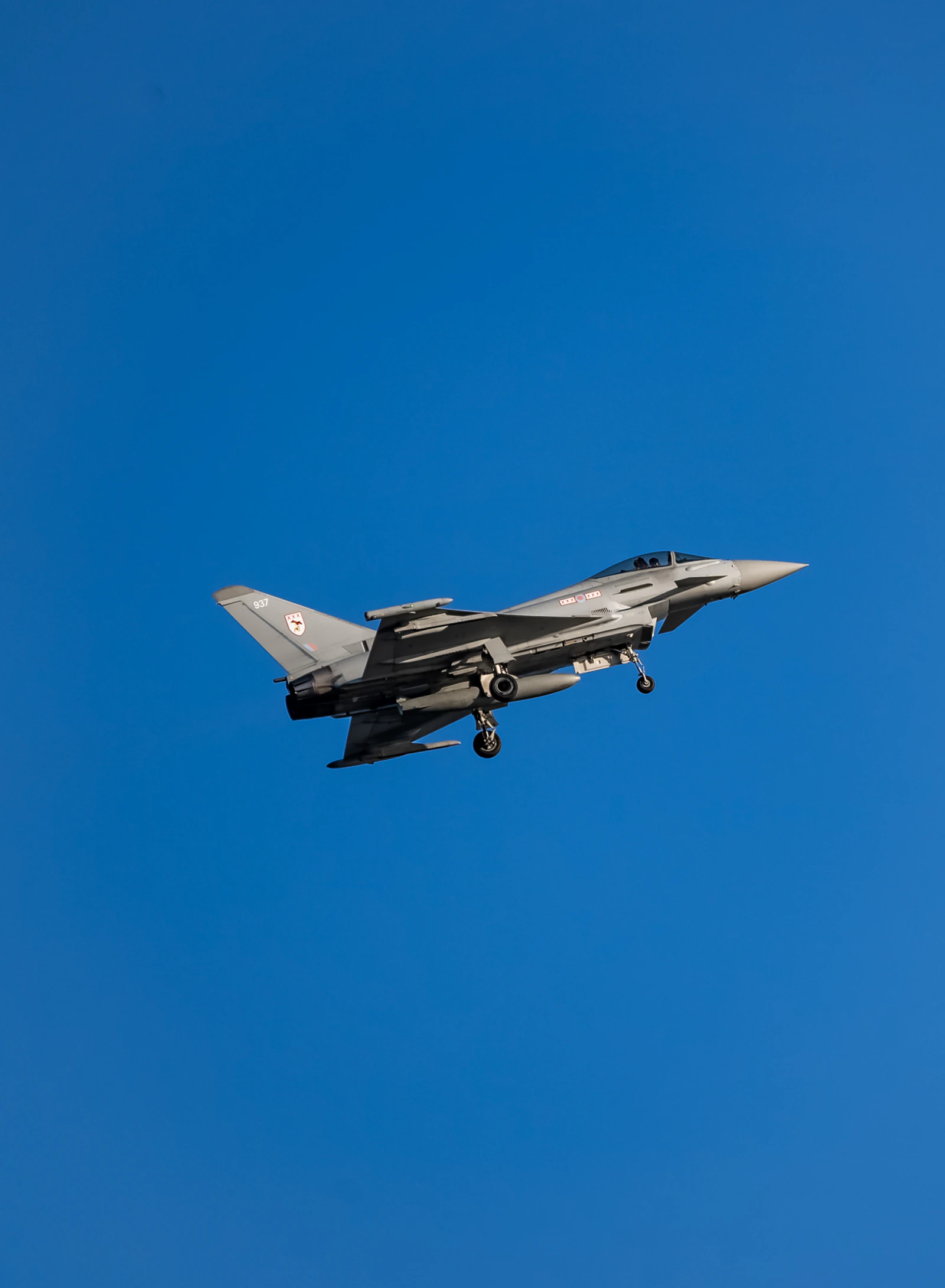 青空を飛行する英空軍タイフーン戦闘機のイメージ