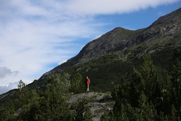 Person in red jacket standing on green grass field during daytime — Bormio, Italy