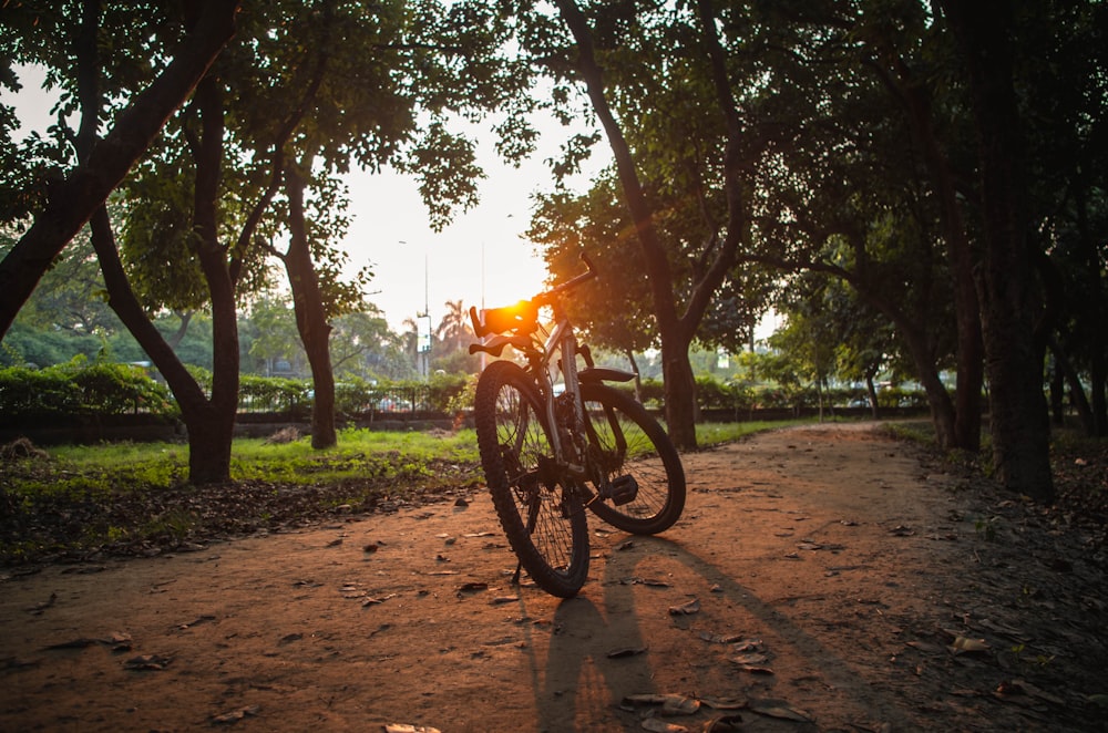 black bicycle parked on brown dirt road near green trees during daytime