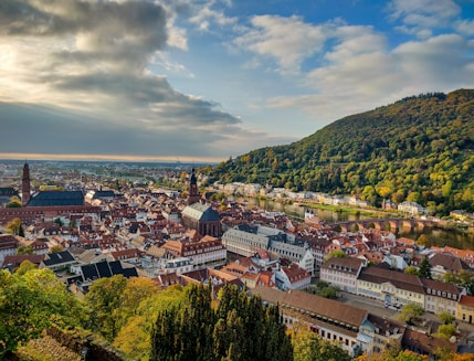 aerial view of city buildings near green mountain during daytime