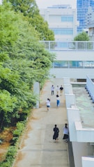 A pathway is bordered by trees on the left and a building on the right. Several people are walking along this path, some in groups and some individually. The background features a cluster of urban buildings.