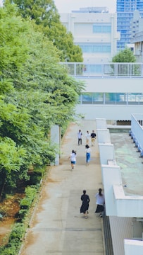 A pathway is bordered by trees on the left and a building on the right. Several people are walking along this path, some in groups and some individually. The background features a cluster of urban buildings.