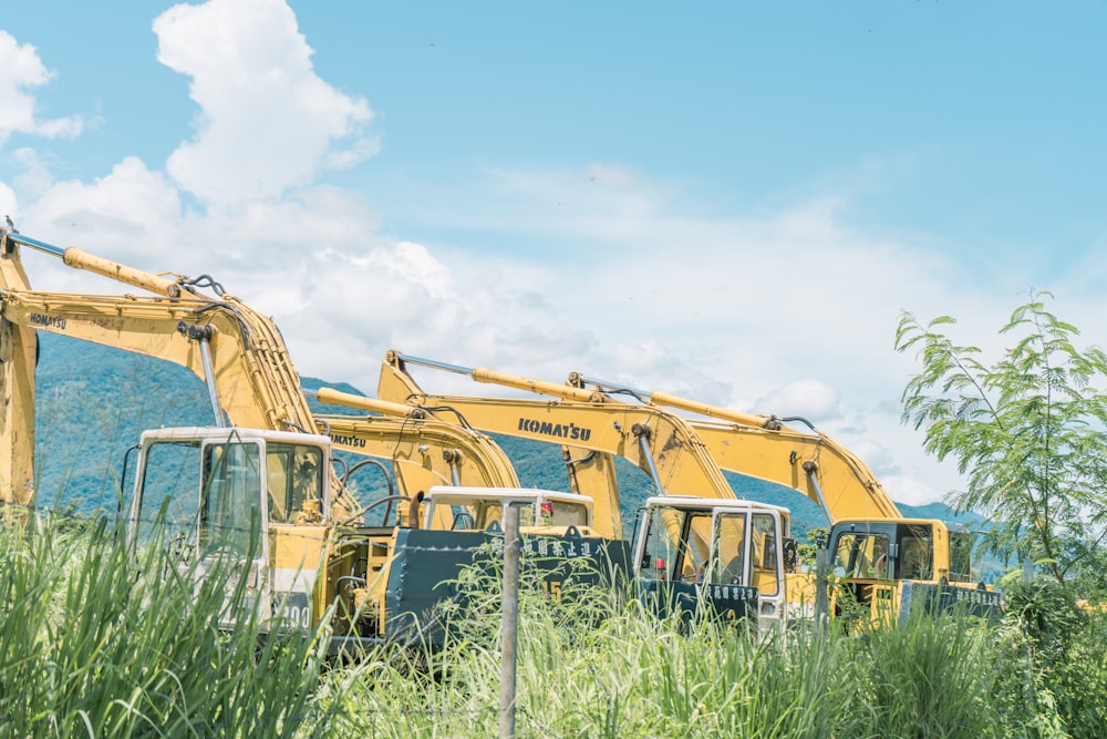 yellow and green train on green grass field during daytime