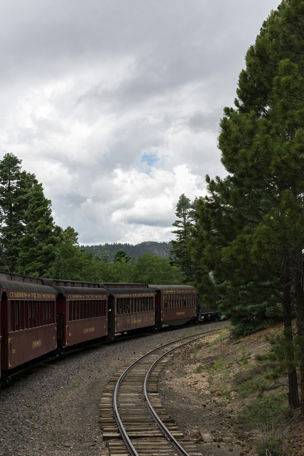 brown train on rail near green trees under white clouds during daytime