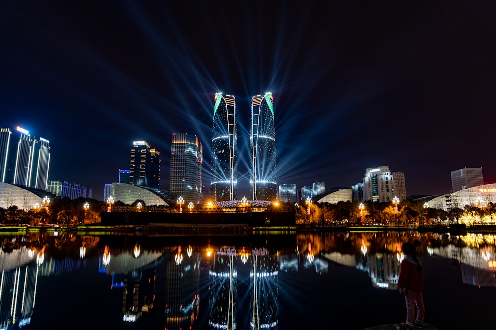 city skyline during night time