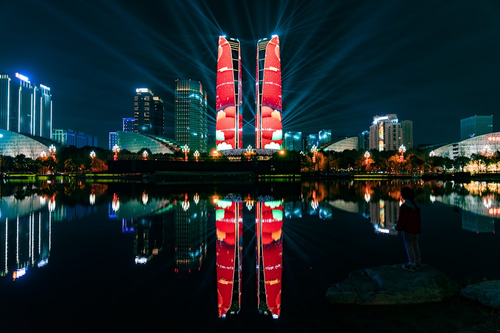 city skyline during night time