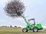 A bright green loader with a large scoop attachment is lifting a tree on a grassy field. The sky is overcast and the background features a few distant trees and small houses.