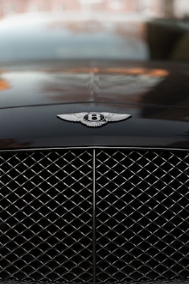 A close-up of a car's front grille featuring a prominent emblem with a winged logo and the letter 'B' in the center, likely from a luxury automobile brand. The grille has a diamond-patterned mesh design.