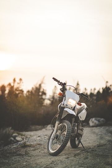 A rugged motorcycle parked on a mountain trail as golden hour light filters through the trees.