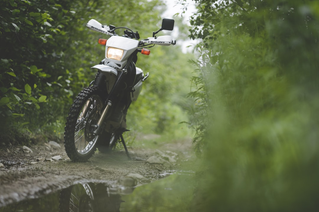 black motorcycle parked on dirt road