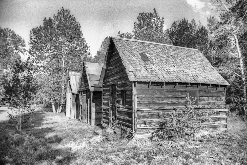 grayscale photo of wooden house near trees