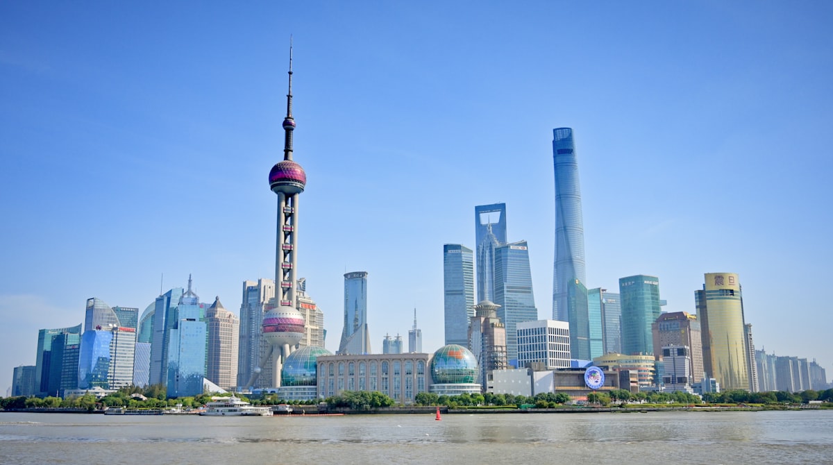 October Shanghai Bund clear autumn day with Pudong skyline
