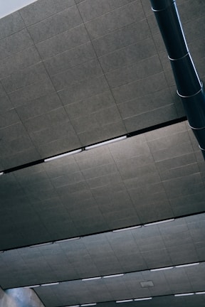 A modern ceiling with large rectangular panels and linear light fixtures. The panels are a uniform gray color, and the light fixtures create a symmetrical pattern. A large cylindrical vent or duct is visible in the upper corner, adding an industrial touch.