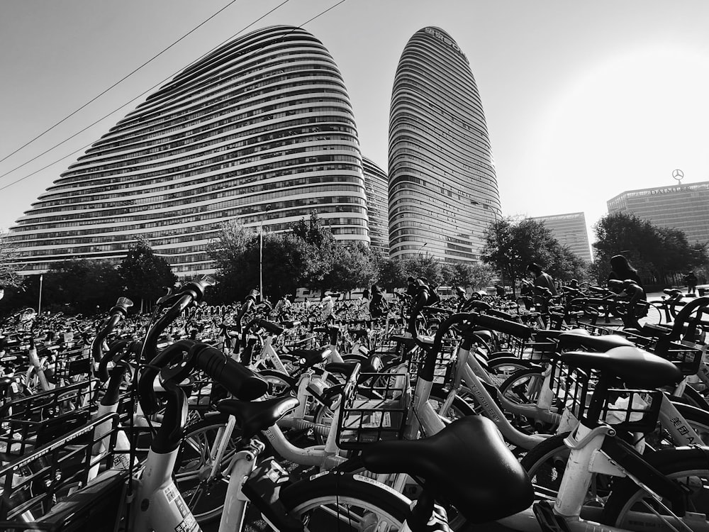 grayscale photo of bicycles parked near trees