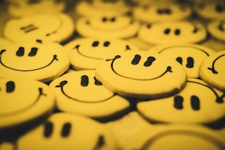 yellow and black round cookies smiling