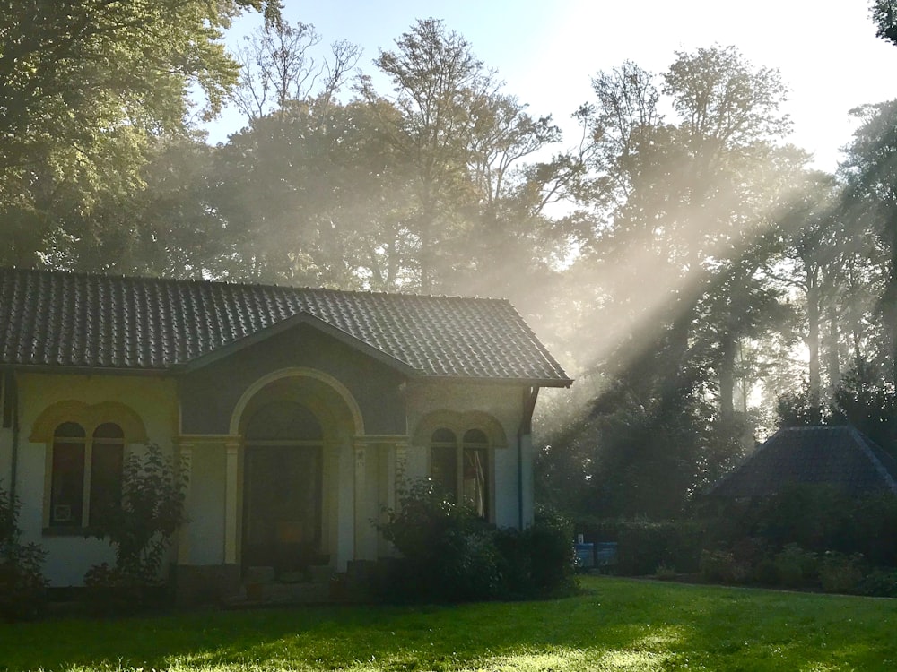 Maison blanche et grise entourée d’arbres verts pendant la journée