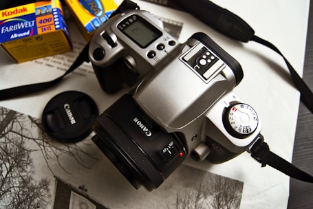 A Canon camera with a 50mm lens is placed on a surface alongside Kodak film boxes, a camera cap, and what appears to be a printed photograph. The setup suggests a thematic focus on photography and film.