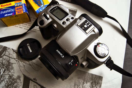 A Canon camera with a 50mm lens is placed on a surface alongside Kodak film boxes, a camera cap, and what appears to be a printed photograph. The setup suggests a thematic focus on photography and film.