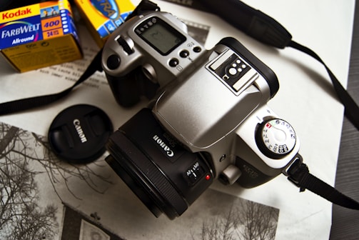 A Canon camera with a 50mm lens is placed on a surface alongside Kodak film boxes, a camera cap, and what appears to be a printed photograph. The setup suggests a thematic focus on photography and film.