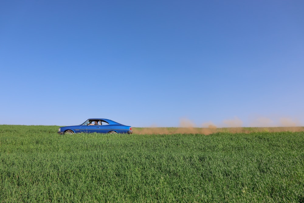 blue car on green grass field under blue sky during daytime