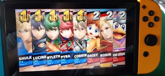 A Nintendo Switch screen displaying a Super Smash Bros. Ultimate game results page. Seven characters are shown with score rankings beside them. Characters include Shulk with Player 1, Lucina, Byleth, Pyra, Corrin, Daisy, Robin, and King Dedede, each with different CPU numbers. Shulk, Lucina, Byleth, and Pyra have a ranking of 1, while Corrin, Daisy, Robin, and King Dedede have a ranking of 2. The background and icons indicate the game interface.