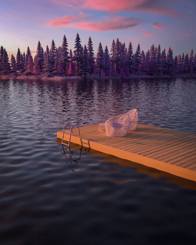 Wooden dock on a still lake, Ontario cottage country