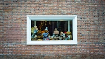A variety of stuffed animals are arranged in a display inside a window with a white frame, set against a brick wall. The collection includes bears, dogs, and other plush toys.
