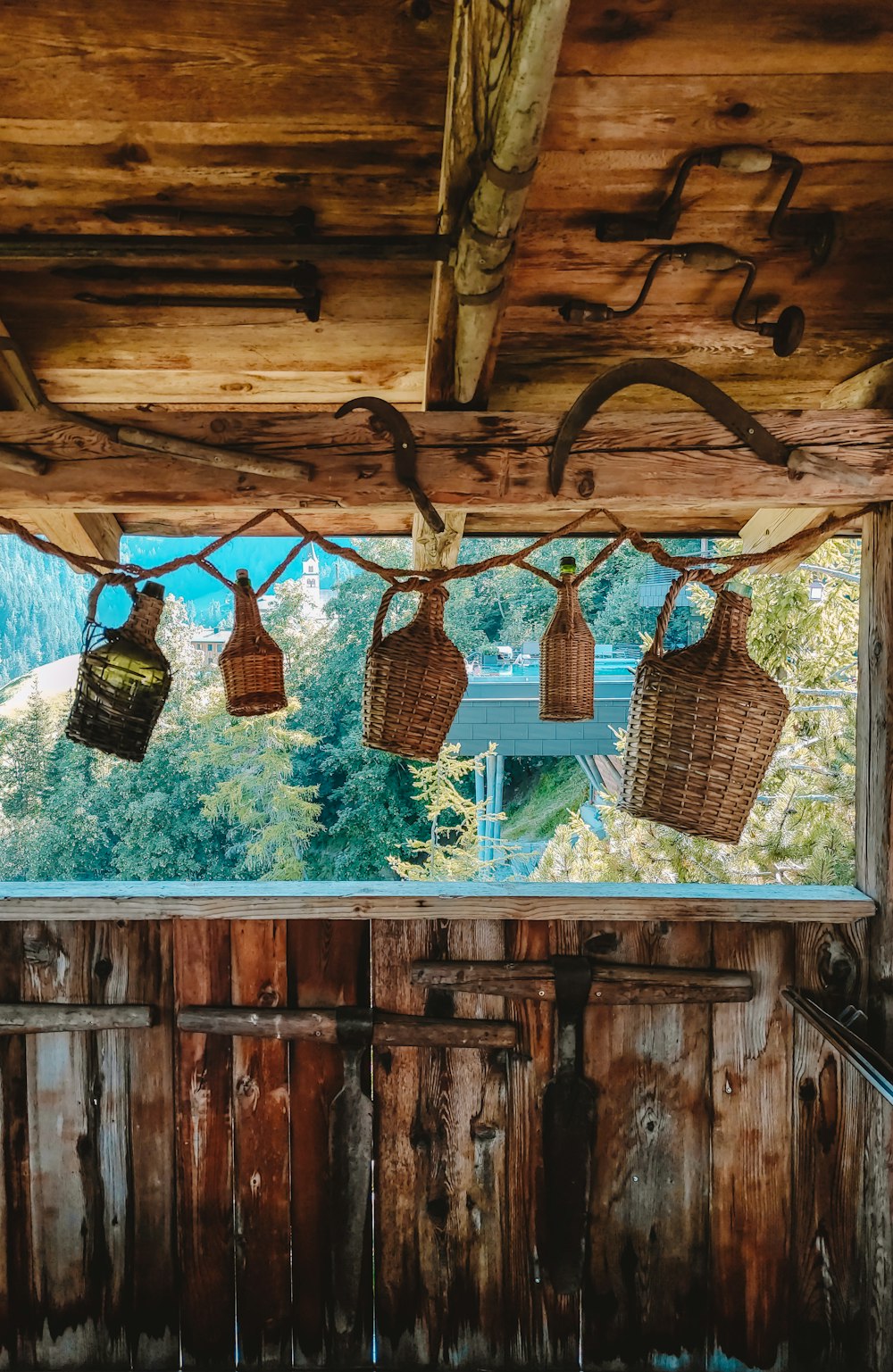 brown and green wooden hanging decors