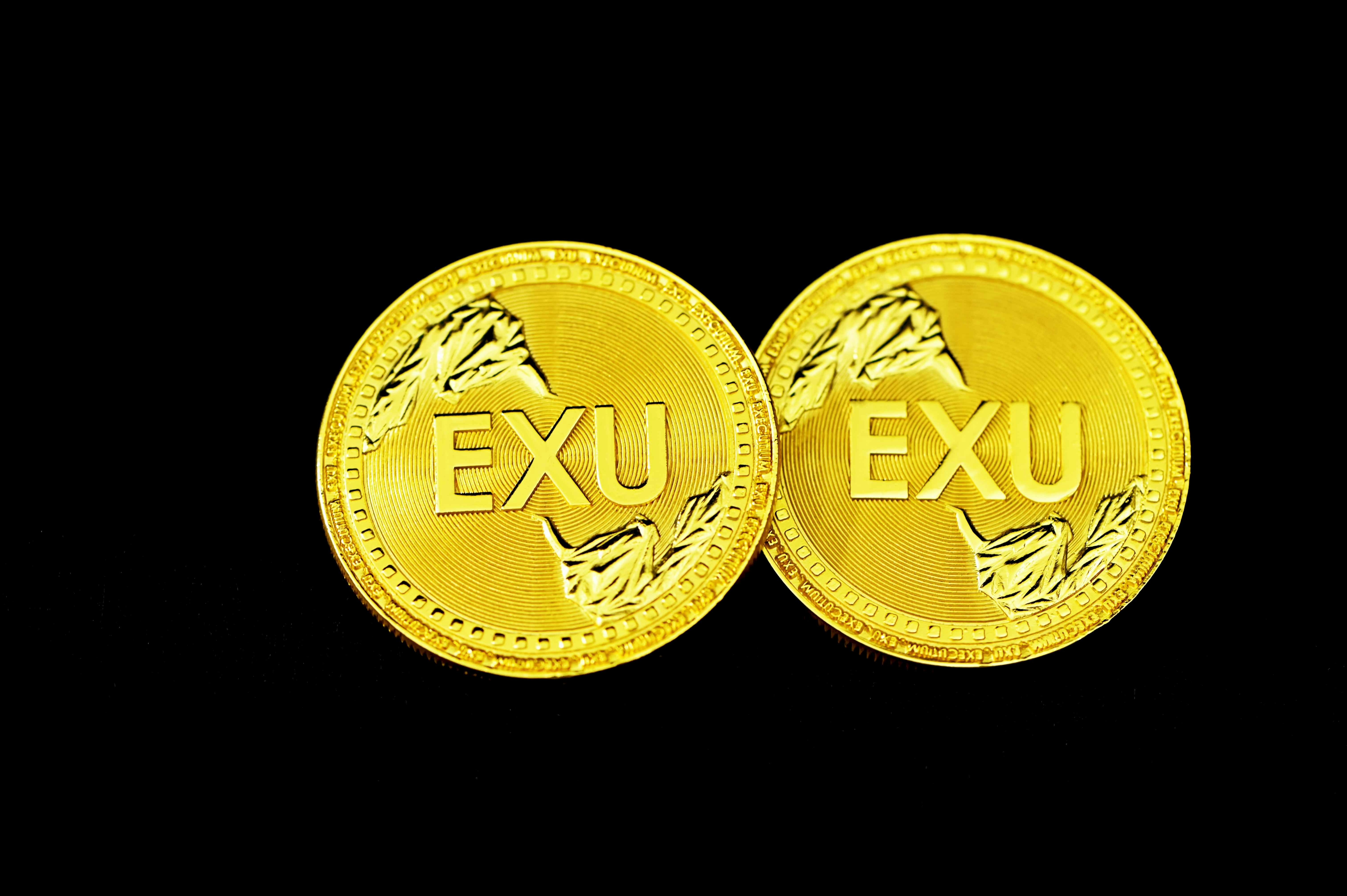 Two Exu coins placed on a black background