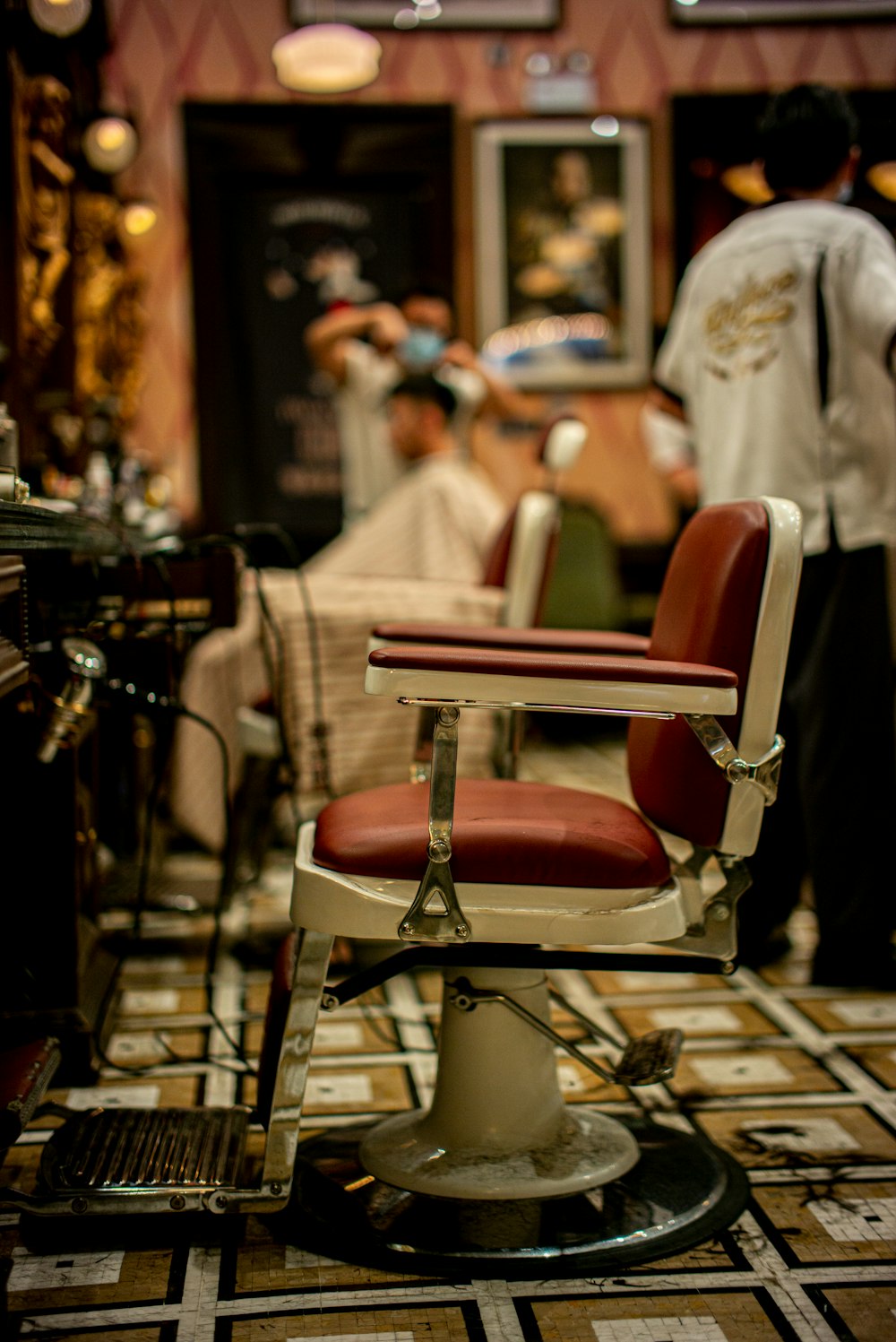 brown and white leather barber chair