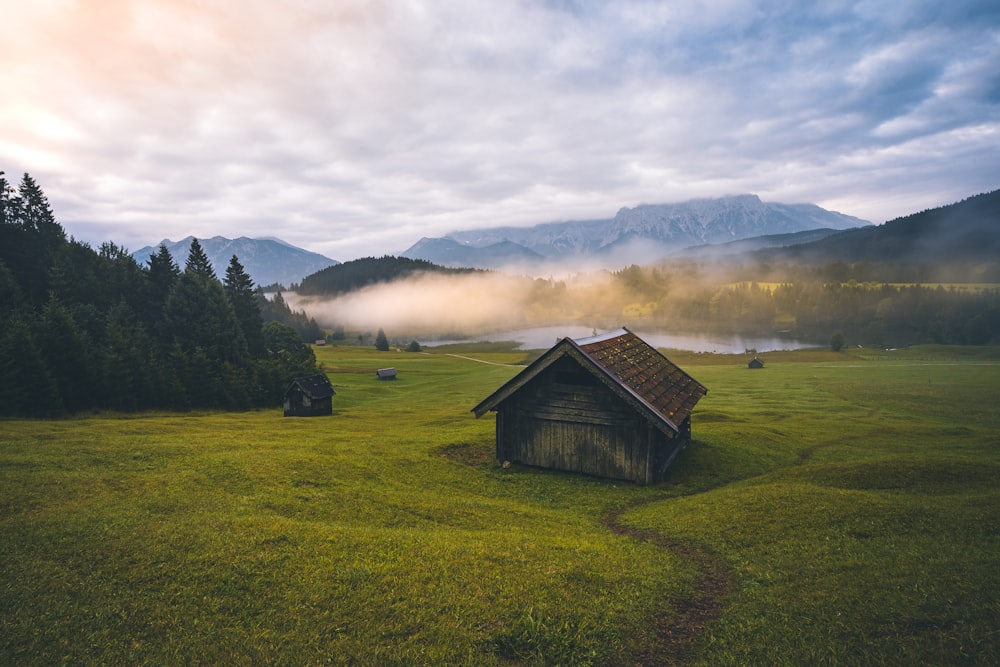 日中の緑の木々や山の近くの緑の草原に茶色の木造住宅