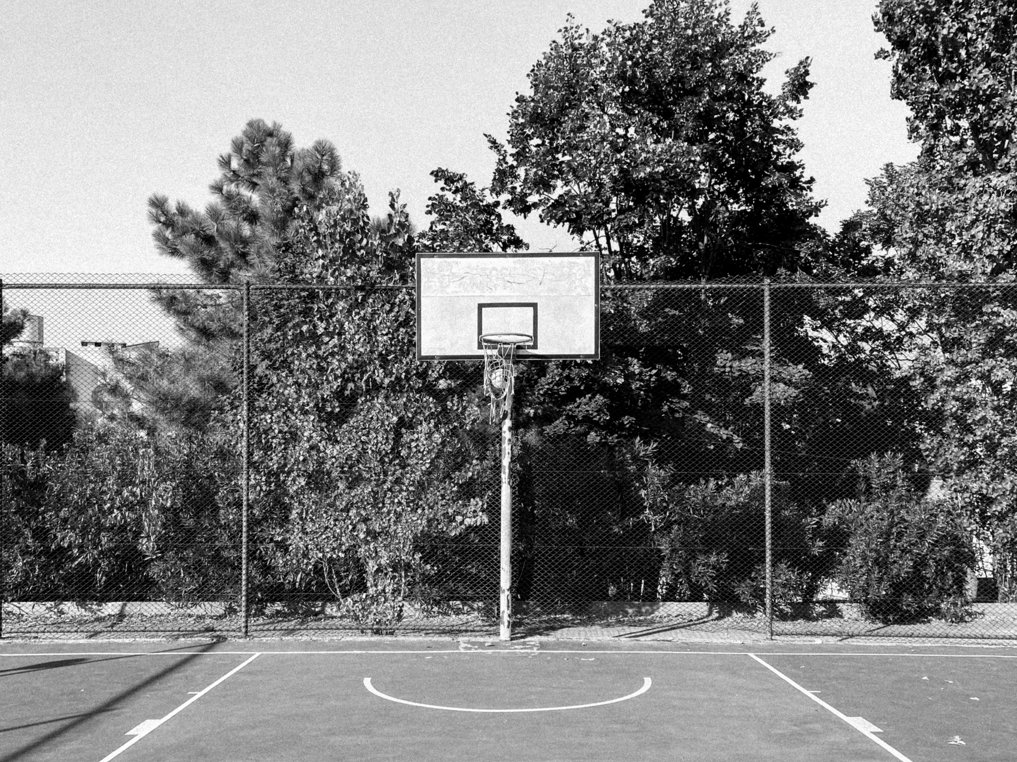 black and white photo of a basketball hoop / court.