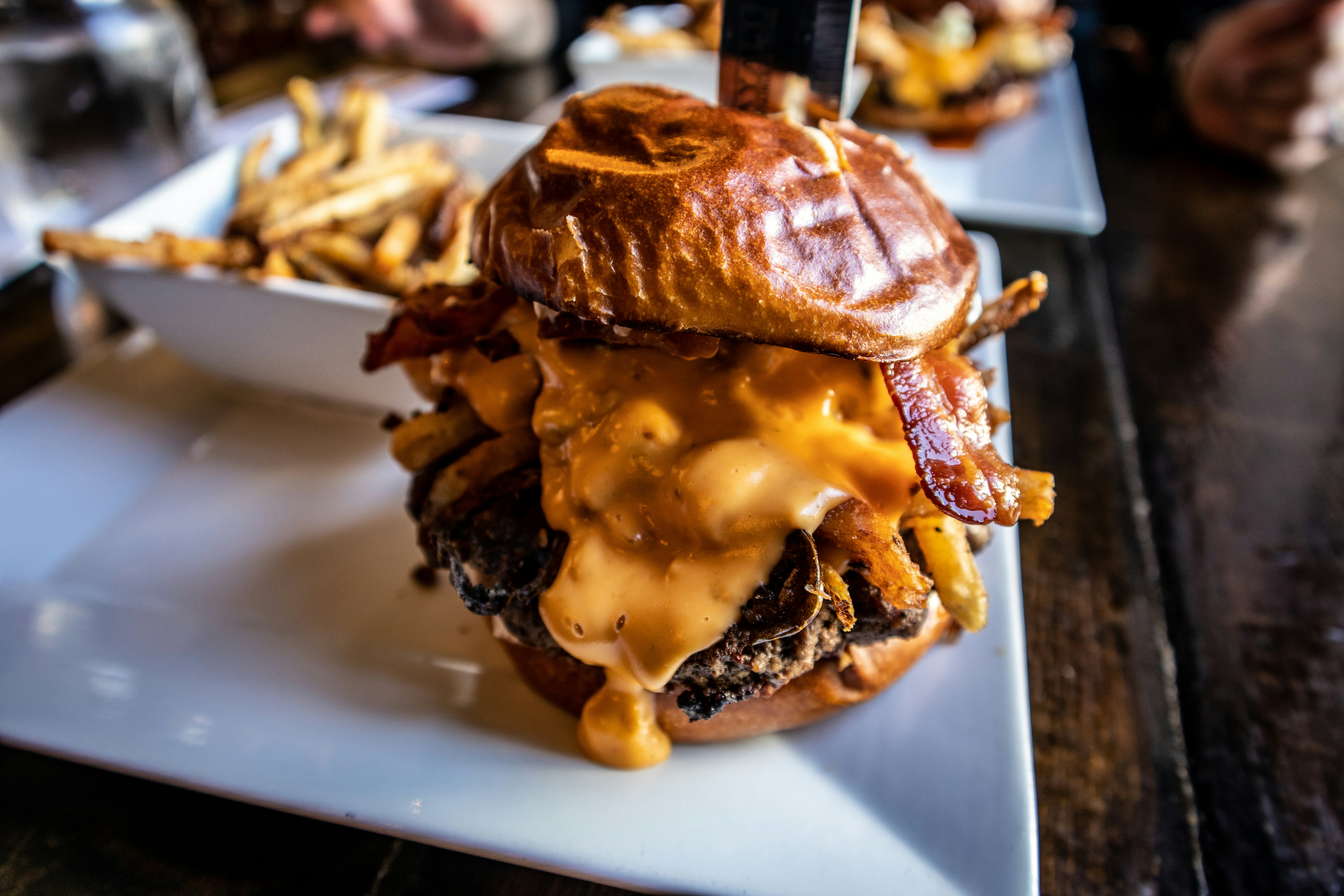 burger with fries on white ceramic plate, 