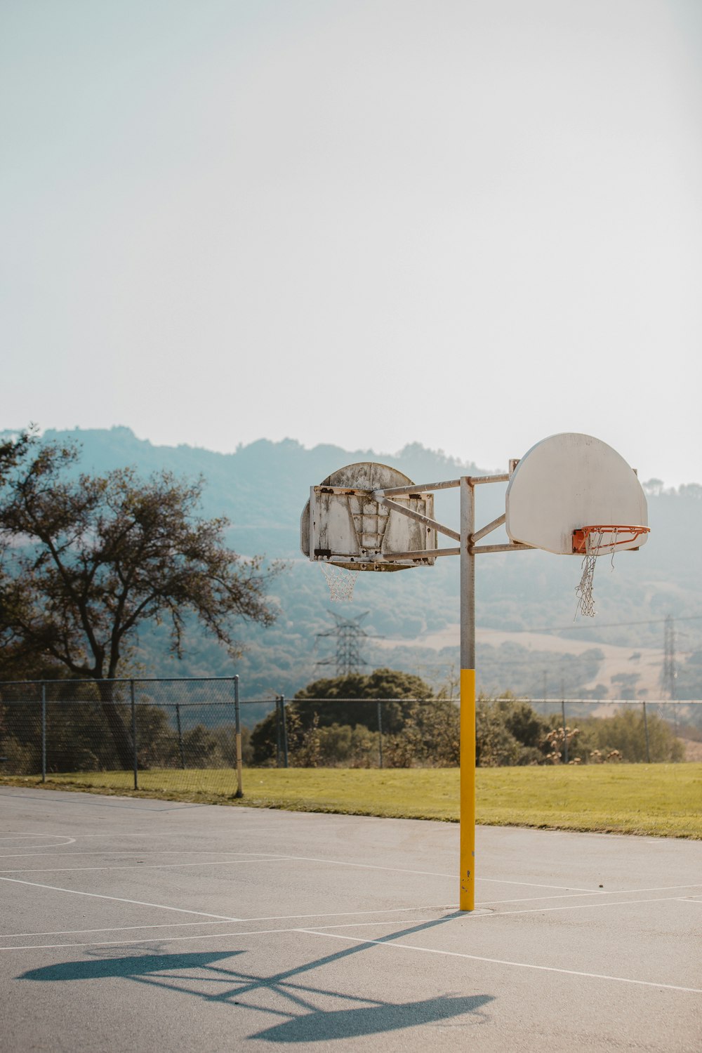 white basketball hoop near green trees during daytime