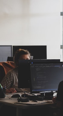 people sitting on chair in front of computer monitor