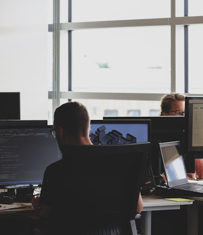 people sitting on chair in front of computer monitor