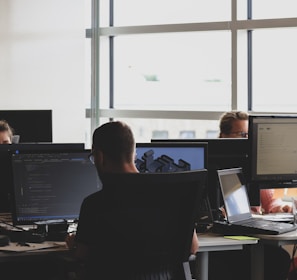 people sitting on chair in front of computer monitor