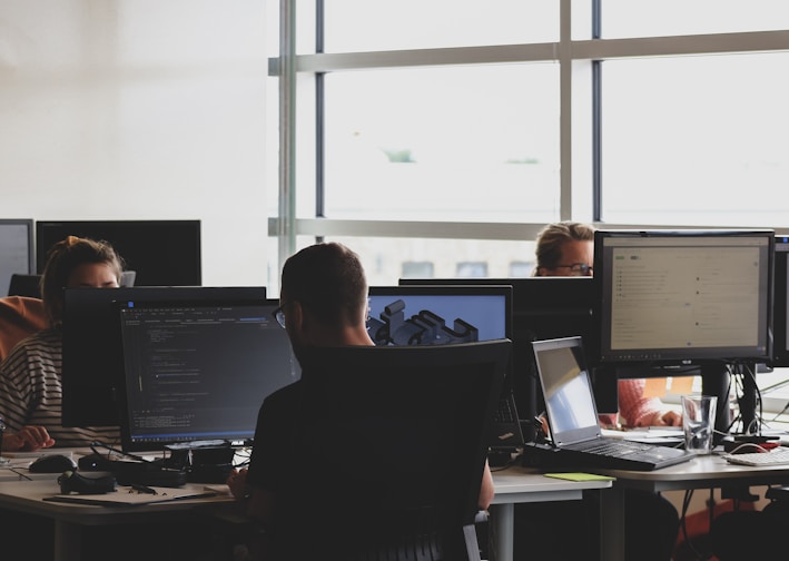 people sitting on chair in front of computer monitor