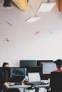 A modern office space with aviation professionals collaborating.