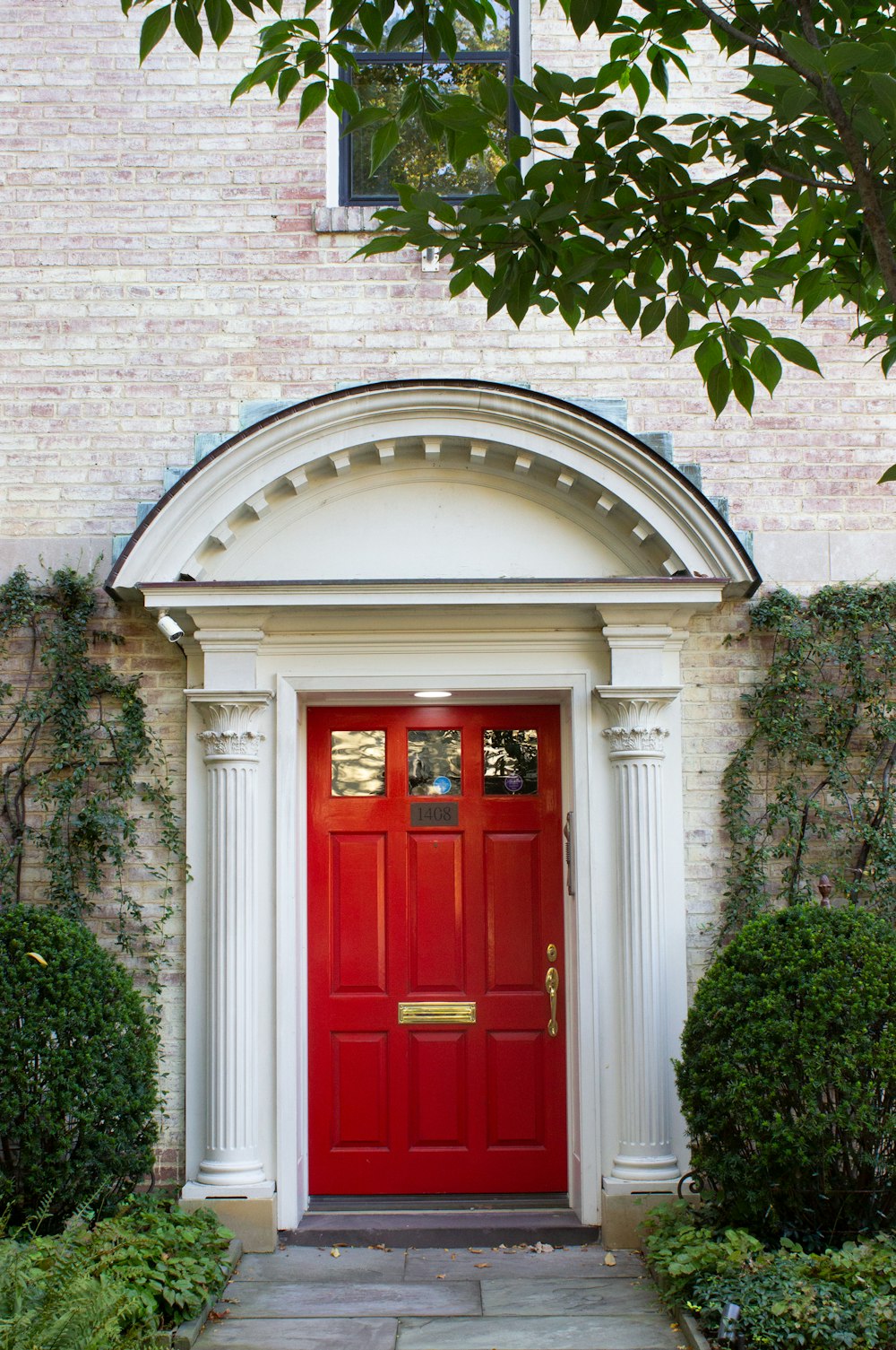 red and white wooden door