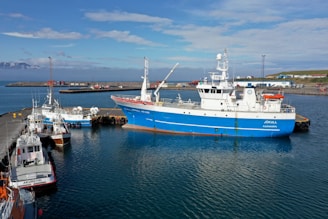 A large blue and white fishing vessel is docked in a harbor alongside smaller boats. The surrounding area includes an industrial port with various shipping containers and buildings in the background. A mountain range is visible in the distance under a partly cloudy sky.